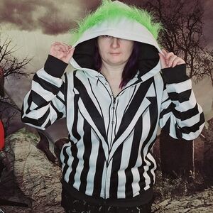 Black and White Striped Beetlejuice Hoodie with Green Accents XL